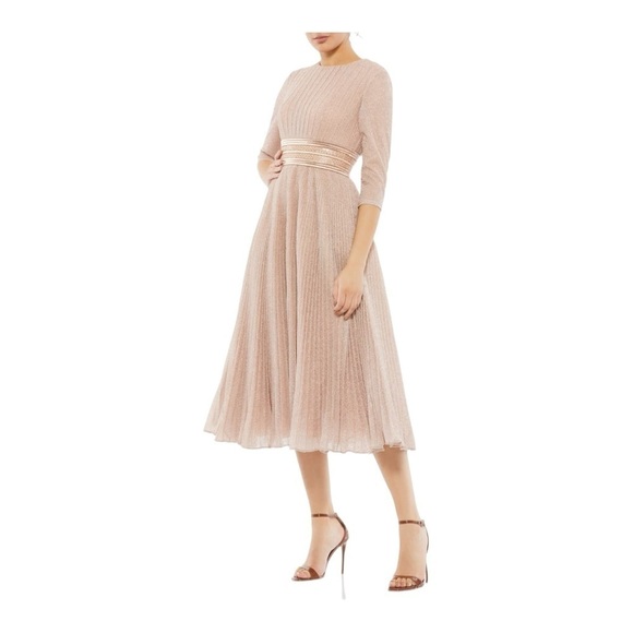 Mac Duggal Metallic Pleated A-Line Midi Cocktail Dress in Rose Gold NWT